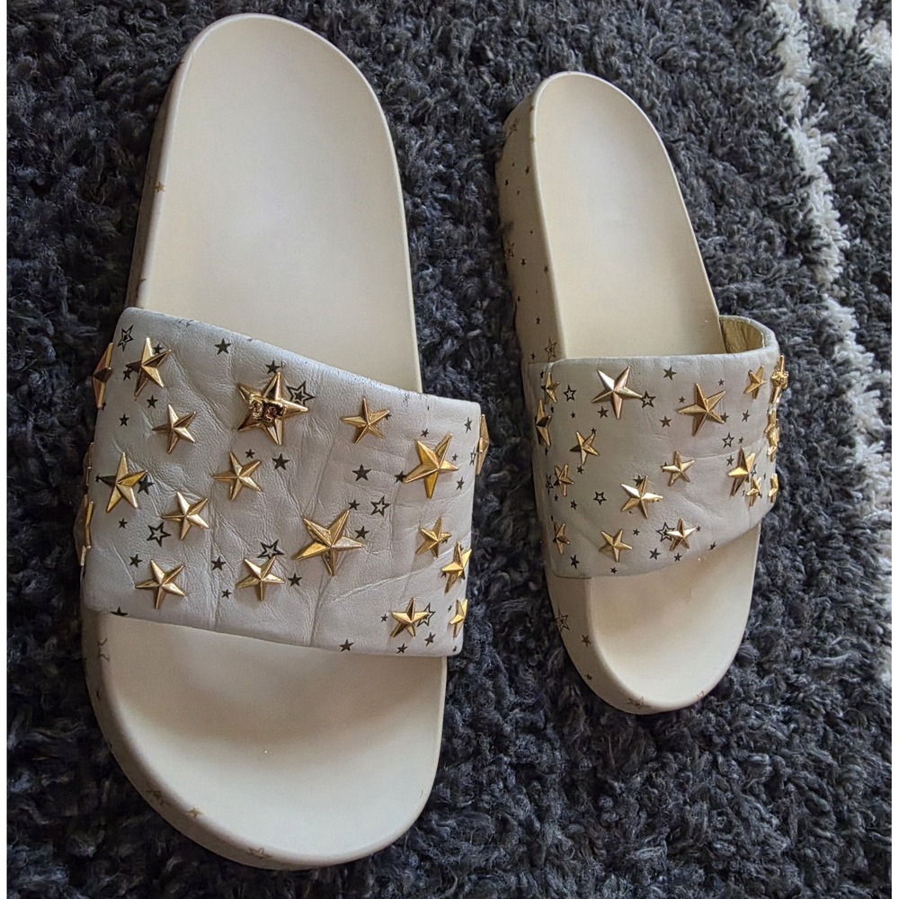 Tory Burch Nappa Leather Embellished Gold Star Slides Women's Sz 8 M Cream Gold